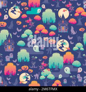 Cute Spooky Halloween Forest in lilac, green and reddish colors on purple background Stock Vector