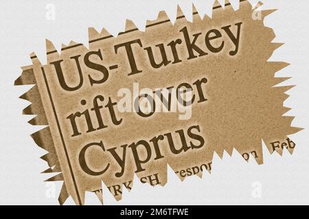 US - Turkey rift over Cyprus - news story from 1975 newspaper headline article title with highlighted overlay Stock Photo