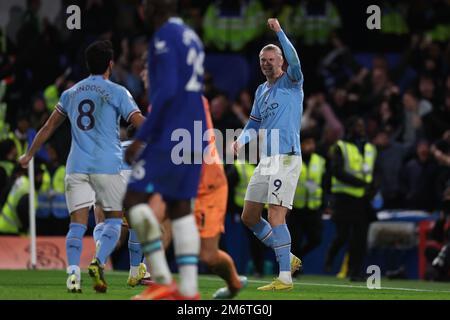 5th January 2023; Stamford Bridge, Chelsea, London, England: Premier League Football, Chelsea versus Manchester City; Erling Haland of Manchester City celebrates the goal by Riyad Mahrez for 0-1 in the 63rd minute Stock Photo