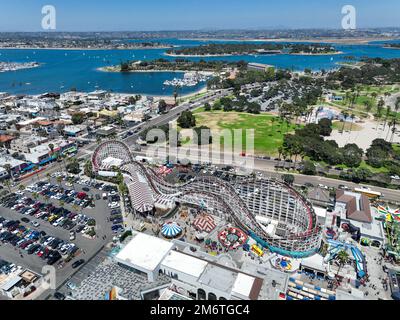 Aerial view of Belmont Park, an amusement park built in 1925 on the Mission Beach boardwalk, San Diego, California, USA Stock Photo