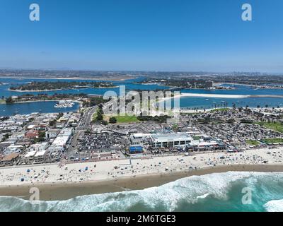 Aerial view of Belmont Park, an amusement park built in 1925 on the Mission Beach boardwalk, San Diego, California, USA Stock Photo