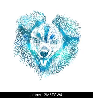 Dog face is cute. Sketch line blue. Vector illustration Stock Vector