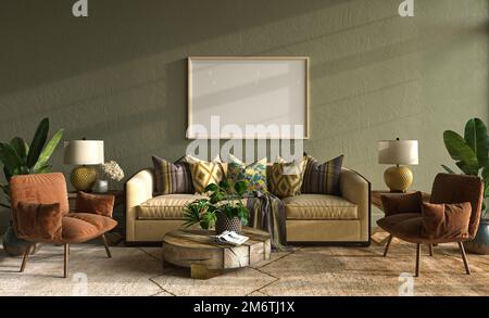 Home multicolor interior mock-up with green wall and yellow sofa, wooden table and decor in living room. Retro vintage style. 3d render. High quality Stock Photo