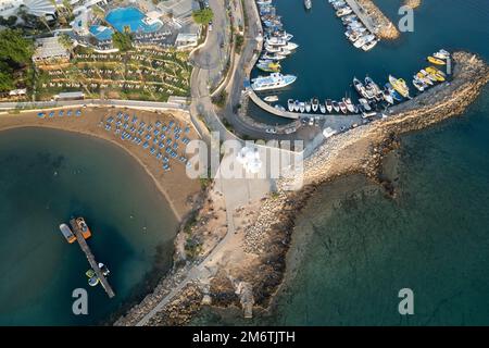 Drone aerial scenery fishing port pernera Protaras Cyprus. Stock Photo