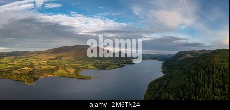 Aerial view of Bassenthwaite Lake in the English Lake District in warm eveing light Stock Photo