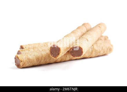 Tasty wafer rolls with boiled condensed milk isolated on white background Stock Photo