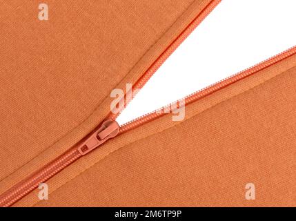 Zipper on a knitted sweater, isolated on white background. Open zipper. Stock Photo