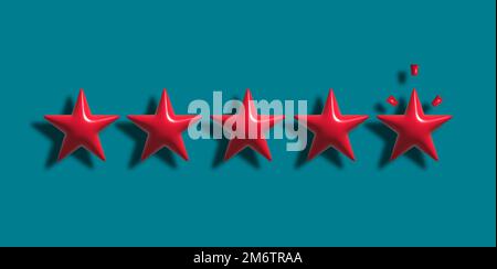 Five red stars on a blue background, service and service rating concept. 3D render illustration Stock Photo