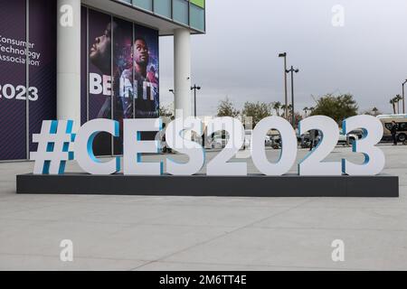 Las Vegas, NV, USA. 5th Jan, 2023. A CES sign welcomes visitors to the Consumer Electronics Show (CES 2023) being held at the Las Vegas Convention Center in Las Vegas, NV. Christopher Trim/CSM/Alamy Live News Stock Photo