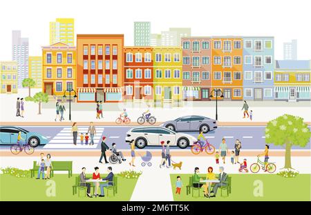 City silhouette with pedestrians in residential district with city park, illustration Stock Photo