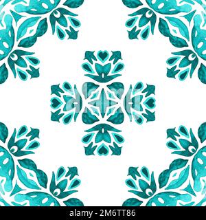 Abstract hand drawn tile seamless ornamental watercolor paint pattern. azulejo Tile motif Stock Photo