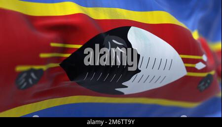 Close-up view of the Eswatini national flag waving in the wind Stock Photo