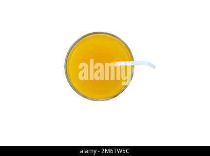 Summer drink - freshly squeezed orange juice in a glass with a straw tube, top view, isolated on a white background with clippin Stock Photo