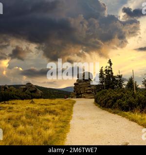 Sunny October view of the Sudetes. Stock Photo