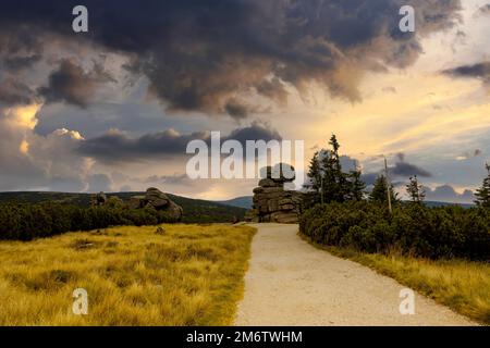 Sunny October view of the Sudetes. Stock Photo