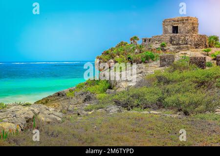 Tropical paradise, sand beach in caribbean with palapa and pier, Cancun, Mexico Stock Photo