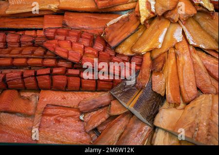 Various smoked fish products Stock Photo