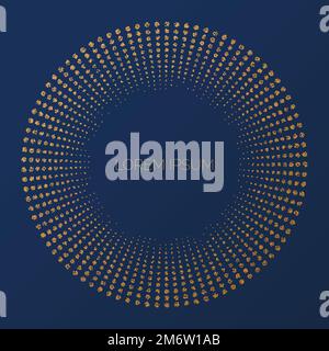 Gold circle frame. Golden foil embossed round border. Badge with shining effects. Vintage stippled glowing background. Golden dots luxury design. Stock Vector