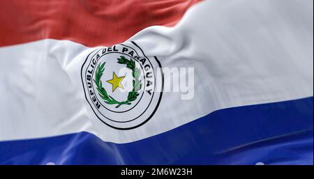 Close-up view of the Paraguay national flag waving in the wind Stock Photo