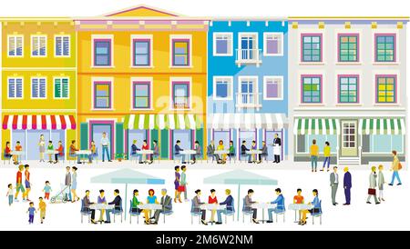 City silhouette with restaurants and bistros in the residential area, illustration Stock Photo