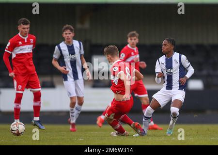 Hednesford, UK. 05th Jan, 2023. Akeel Higgins of West Bromwich Albion passes the ball during the Premier League Cup match West Bromwich Albion vs Middlesbrough U23's at Keys Park, Hednesford, United Kingdom, 5th January 2023 (Photo by Gareth Evans/News Images) Credit: News Images LTD/Alamy Live News Stock Photo