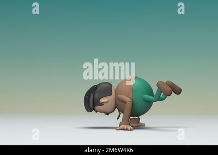 The man  with mustache wearing a brown long sleeve shirt green pants.  He is doing exercise. 3d illustrator of cartoon character Stock Photo