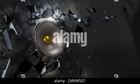 Music speaker breaks through the metal wall Stock Photo
