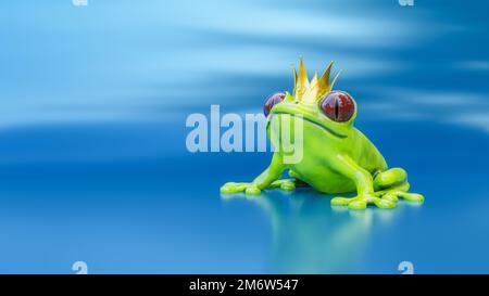 Frog Prince with golden crown on turquoise background Stock Photo