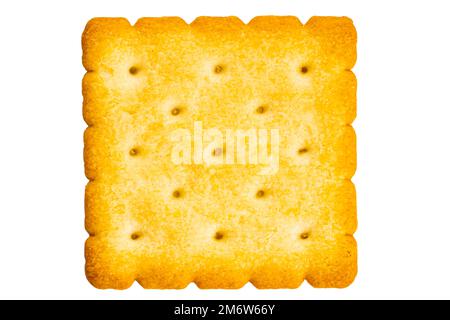 Top view or flat lay closeup of single dry sweet crunchy delicious square shape cracker isolated on white background. Stock Photo