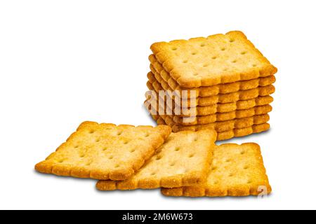 Stack of dry sweet crunchy delicious square shape crackers isolated on white background. Stock Photo