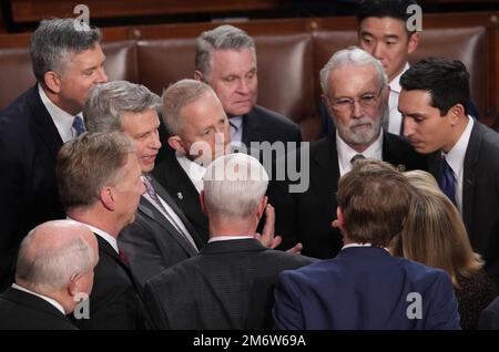 Washington, United States. 05th Jan, 2023. Members talk on the floor of the chambrer as the voting continues for Speaker of the House at the U.S. Capitol in Washington, DC on Thursday, January 5, 2023. Photo by Pat Benic/UPI Credit: UPI/Alamy Live News Stock Photo