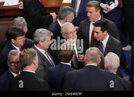 Washington, United States. 05th Jan, 2023. Members talk on the floor of the chambrer as the voting continues for Speaker of the House at the U.S. Capitol in Washington, DC on Thursday, January 5, 2023. Photo by Pat Benic/UPI Credit: UPI/Alamy Live News Stock Photo