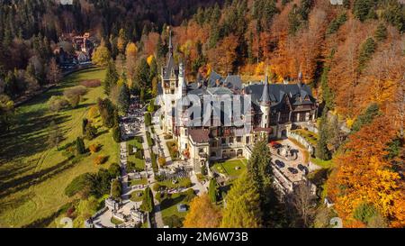 Aerial view of Peles Castle in autumn Stock Photo