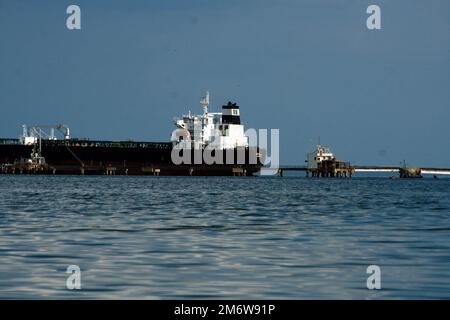 Two oil tankers, the Kerala and Fiorella, load crude oil at the Bajo Grande Refinery facilities, on Lake Maracaibo today, Thursday, January 5, 2023, in Zulia, Venezuela. The US oil company, Chevron Corp, sent two ships to Venezuela to acquire the first shipment of crude oil, after four years. One of them bound for the Pasacagoula refinery, Mississippi in the United States. The shipment of these vessels is given. after the US authorization to Chevron, through the General License of Venezuela (GL) 41, valid for six months. To resume 'limited operations' in the country, and which will be automati Stock Photo