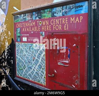 Disused map dispensing machine, for Cheltenham Town centre, was available here,for just a £1, St Georges Street, Cheltenham, Gloucestershire, GL50 4AF Stock Photo