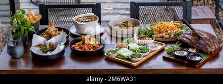 Top view at table with Thai food Stock Photo