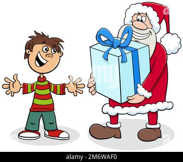 Cartoon Santa Claus giving big Christmas present to a boy Stock Photo