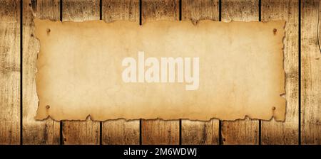 Old paper horizontal banner. Parchment scroll on a wood board Stock Photo