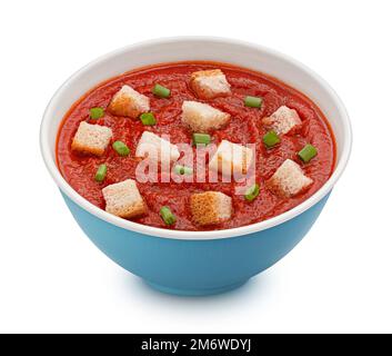 Instant tomato soup with croutons isolated on white background Stock Photo