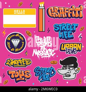 A set of colorful graffiti art sticker illustrations. Cool graffiti sticker for background, print, and textile. Street art urban theme Stock Vector