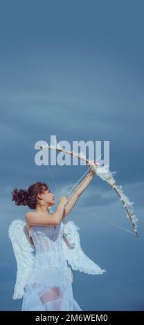 Banner with angel teenager. Valentin angel cute teen girl with wings. Valentines teenager girl with bow arrow. Stock Photo