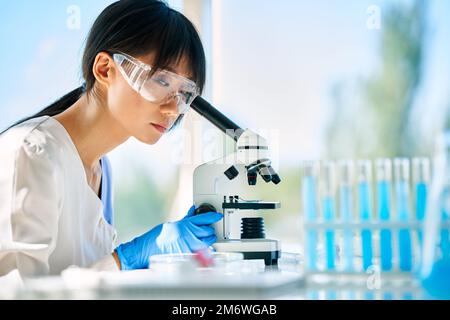 Scientist looking through a microscope working in science laboratory Stock Photo
