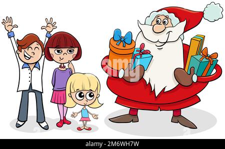 Cartoon Santa Claus giving Christmas gift to little boy Stock Photo - Alamy