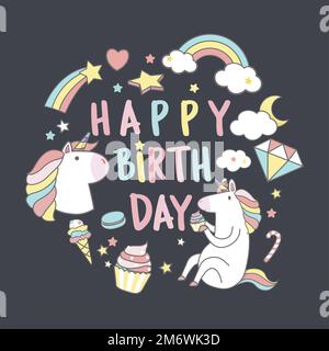Happy Birthday unicorn with magic elements card vector Stock Vector