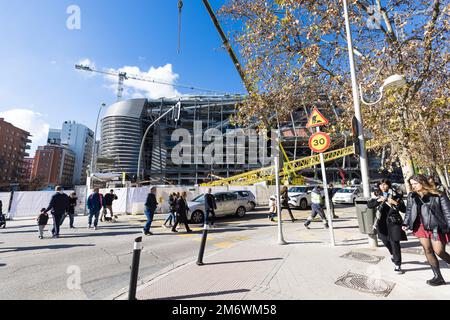 Madrid, Spain - January 04, 2023: Exterior of the Santiago Bernabeu, soccer stadium of Real Madrid, during renovation works. Stock Photo