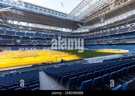 Madrid, Spain - January 04, 2023: Interior of the Santiago Bernabeu, Real Madrid football stadium, during renovation works. Stock Photo