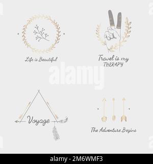 Travel quotes with hand sketched badges ornament vector set Stock Vector