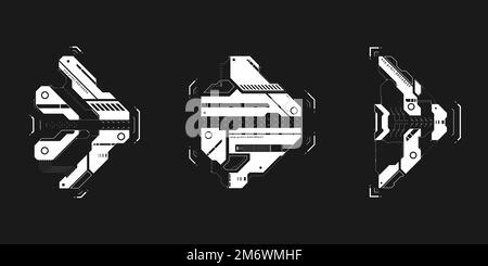 Set of cyberpunk arrows. Collection of futuristic interface cyber elements. Cyberpunk pointers, direction. Set of arrows for design of game UI, poster Stock Vector