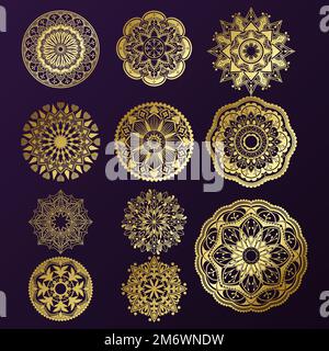 Golden mandala patterns set on black background Stock Vector