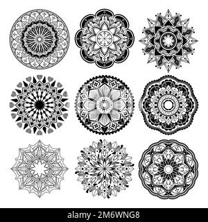 Black mandalas patterns set on white background Stock Vector